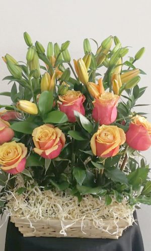 ROSES AND LILIES IN A WICKER BASKET  R450